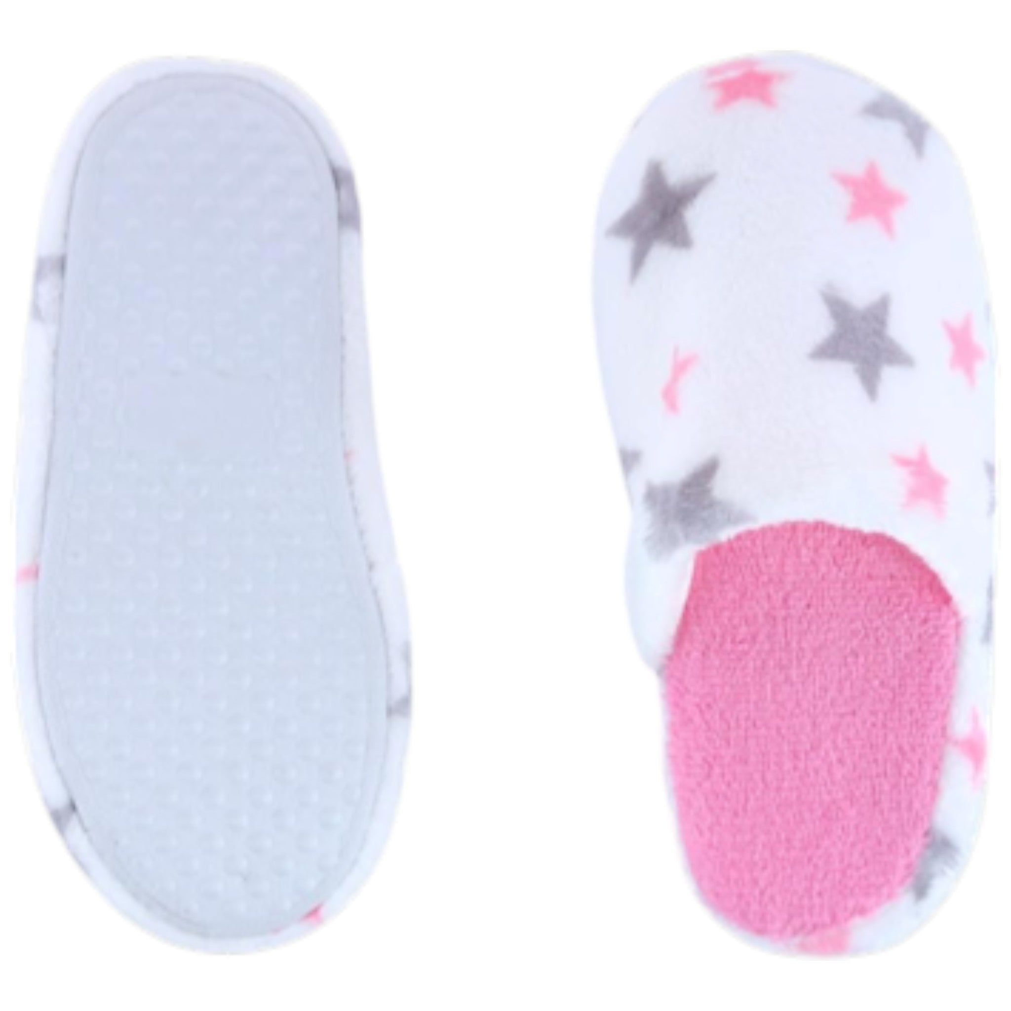 Ladies star print slippers in white with grey and pink stars, soft plush fabric, slip-on indoor design for warmth and comfort.